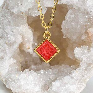 3/$20 14k Gold Red Glitter Resin Diamond Charm Handmade Pendant Necklace